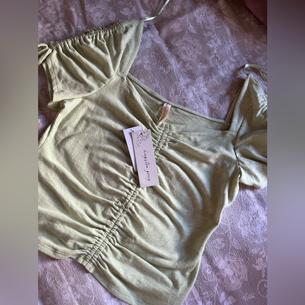Kingston Grey Ruched Square Neck Top XL Mint Green Solid Short Sleeve